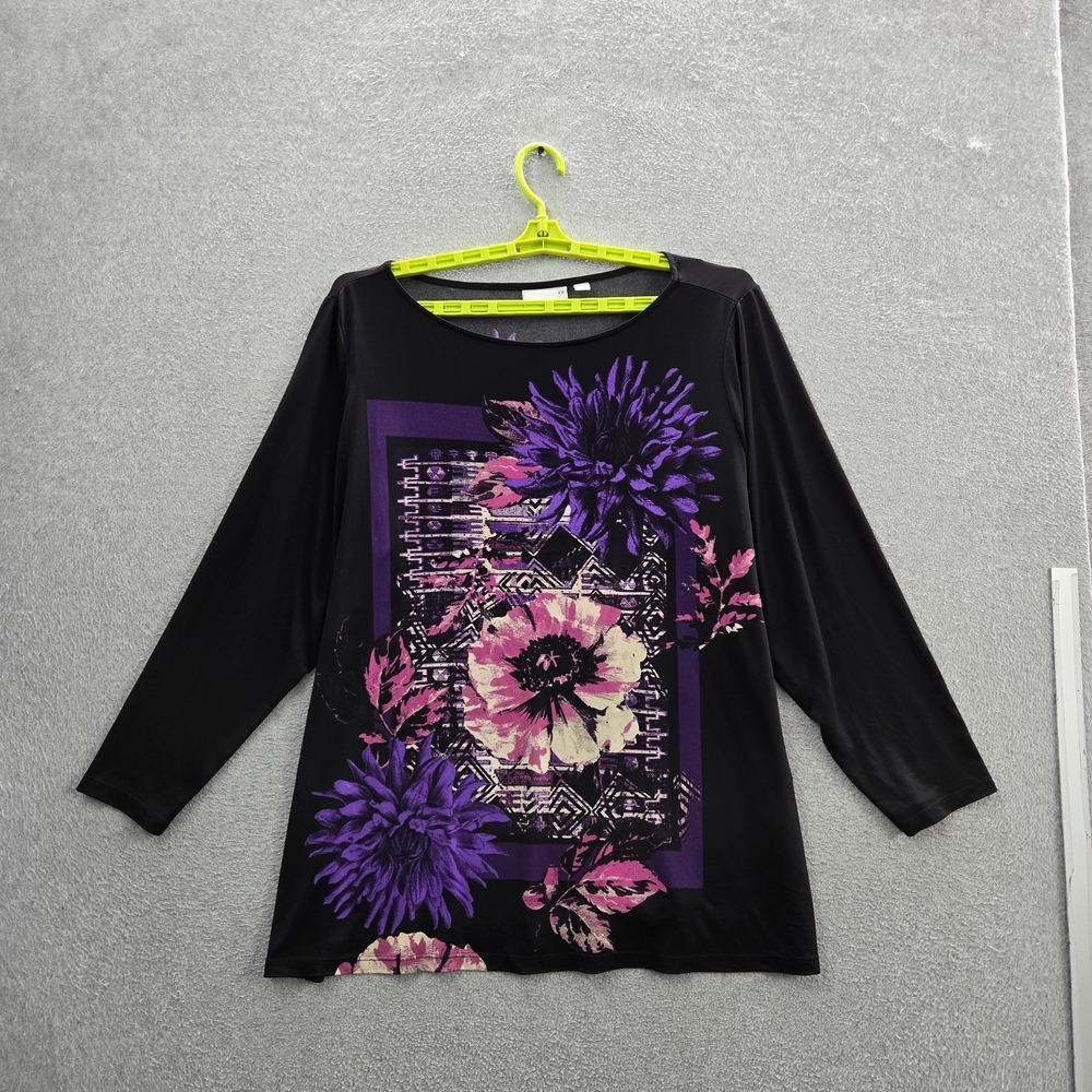 Susan Graver Women Shirt 3X Black Floral Graphic Tunic Scoop Neck Artsy Office